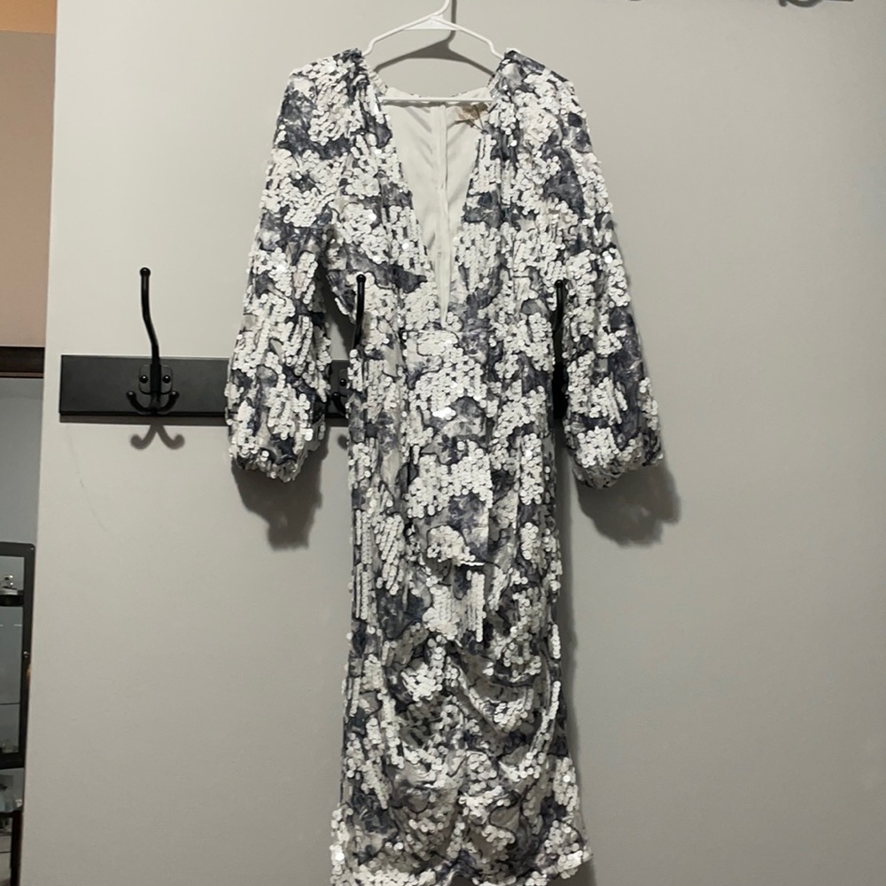 White Sequin Puff Sleeve Dress